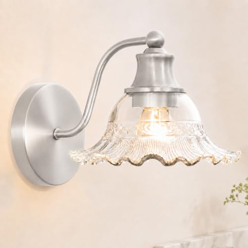 Image of Brushed Nickel Bathroom Wall Sconce Vintage Style, E26 Easy Mounted | Vanity Light with Flower Glass Shade, Bathroom Wall Lighting Fixture Beside Mirror, Easy Mounted for Bedroom, Hallway