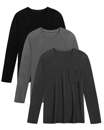 Riyiper 3 Pack Thick Long Sleeve Shirts for Men Thermal DE Velvet Crew Neck Tops for Cold Sweatshirts Pocket Tees3