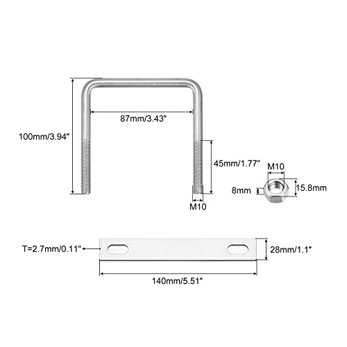 Image of uxcell Square U-Bolts, 87mm(3.43 inch) Inner Width 100mm Length M10 304 Stainless Steel U Clamp Bolt with Nuts and Plates, for Boat Trailer
