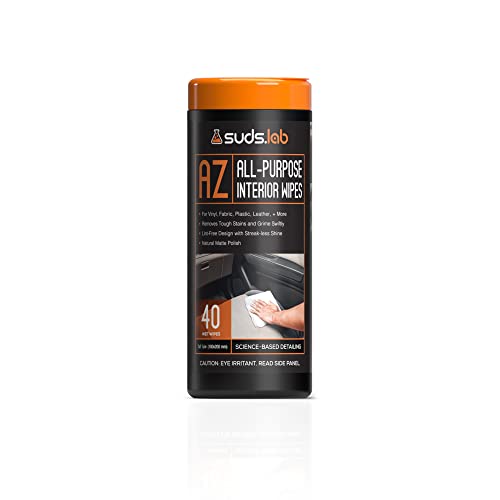 Suds Lab AZ All-Purpose Vehicle Wipes, Car Cleaning and Leather Wipes, Interior Cleaner for Cars, Truck, and Motorcycle, Non-Greasy Finish, 40 count
