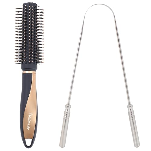 Image of Midazzle Premium Round Hair Brush with Stainless Steel Tongue Cleaner, Set of 2, Black