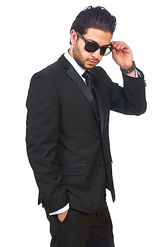 AZAR MAN Slim Fit Men Suit Tuxedo Black 2 Button Satin Collar Flat Front Pants4