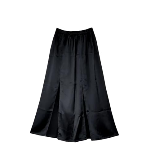 Falda de satén para mujer con abertura media, Negro, S