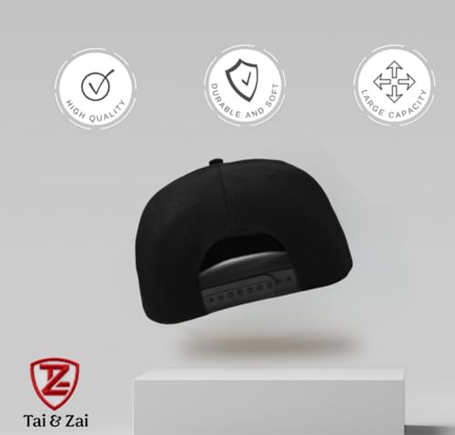 Image of Tai & Zai Black Snapback Hat with Printed, Adjustable Flat Brim Cap, Six Hole Breathable Design