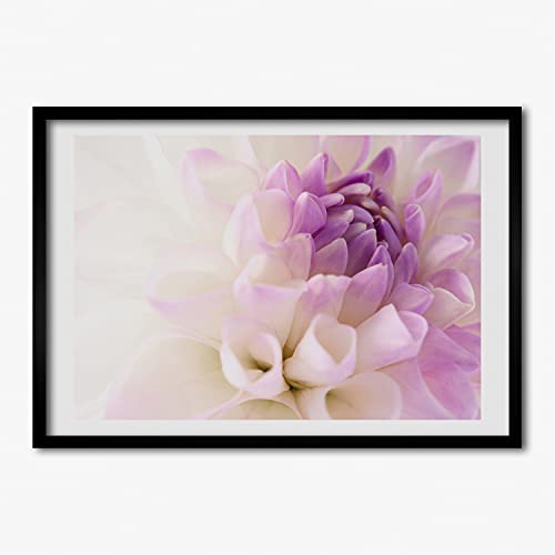 Tableau moderne dahlia blanc avec cadre en bois 70x50 cm pour salon