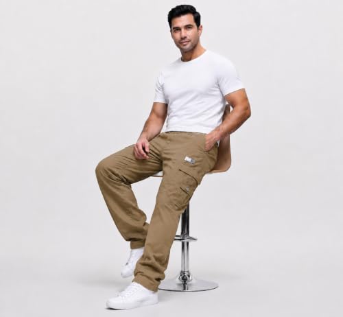 Image of DEELMO Cargo Pant for Men | Cotton Cargo's Pant | Men's Cotton Cargo Trousers | Elastic Drawstring Waist Straight Fit | Comfortable Breathable Cargos for Casual to (Available in Pluse Size)