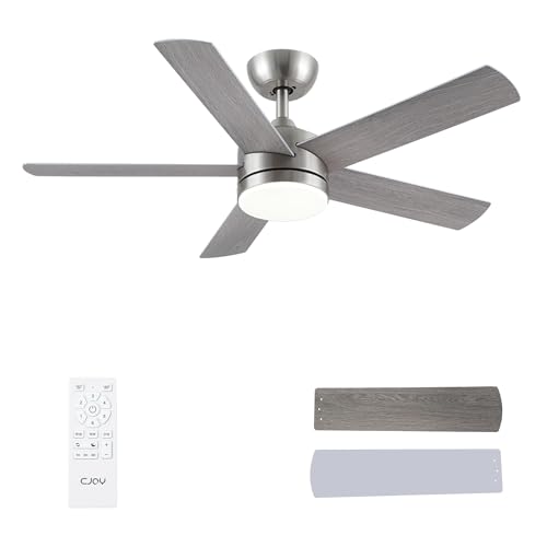 CJOY Ceiling Fans with Lights, 42 inch Silver Ceiling Fans with Lights and Remote Control, 6 Speeds, Quiet Reversible DC, Memory 3CCT, Dimmable, Sleep Mode, Timer, Use for Bedroom/Living Room/Kitchen