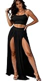 Women Sexy 2 Piece Outfits Dress Chiffon Strap Deep V Neck Bra Crop Top High Split Maxi Dresses Skirt Set Black L
