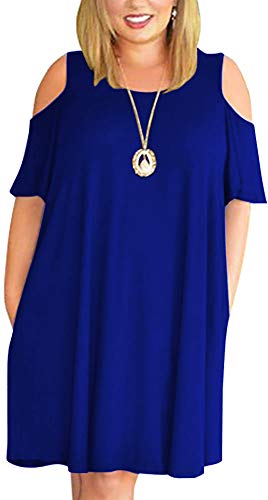 LONGYUAN Women Cold Shoulder Plus Size Casual Swing Dress with Pockets Rolay Blue,XXL