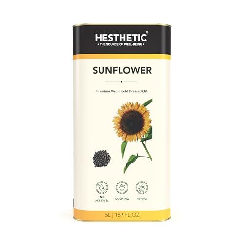Image of HESTHETIC Premium Edible Cold Pressed Sunflower Oil, 5L, Rich in Healthy Fats, Ideal for Cooking, Frying and Salad Dressings, 100% Pure and Natural, Food Grade Virgin Oil