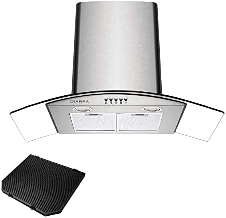 CIARRA CBCS9506B Wall Mounted Cooker Hood 90cm 650 m³/h Curved Glass Chimney Hoods with 3 Speed Recirculating Ducting Kitchen Ventilation Extractor Fan with Carbon Filter