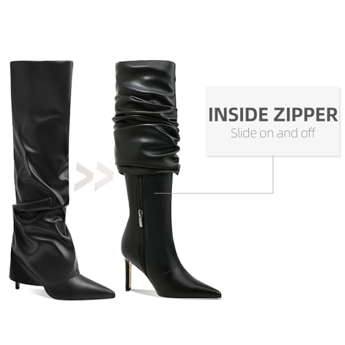 Women's Knee High Boots Fold Over Side Zipper Long Boots Pointed Toe Black White Women Dress Tall Boots for Women2