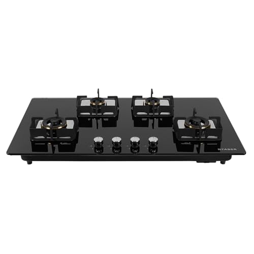 Faber 4 Burner HCT 90 cm Hob| Brass Burners| Bakelite Knobs| Cast Iron Pan Support| Hob/Cooktop Hybrid| Toughened Glass |Auto...