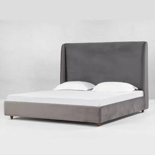 Image of Wooden Modern Upholstered King Size Bed for Bedroom | Wooden Double Bed Without Storage | Platform Cot Upholstered Bed with Upholstery Fabric | Engineered Wood | 6.5 x 6 Ft | Grey-A