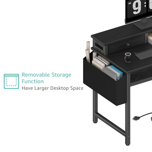 Lufeiya Small Desk with Drawers for Home Office Bedroom, 31 inch Black Writing Study Desks with Fabric Drawers Storage, Gaming Desk Table with Power Outlet & Monitor Stand, Black by Lufeiya - Used condition - Image 7