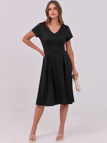 ANRABESS Women Summer Dress Casual Short Sleeve V Neck A-Line Knee Length Pleated Flowy 2025 Fashion Midi Dresses with Pocket3