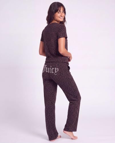 Image of Juicy Couture Women's 2 Piece Velvet Fleece Short Sleeve Shirt and Pants Lounge Sleepwear Set