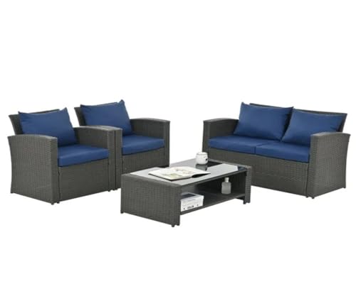 Image of 4 SeaterOutdoor /Patio /Garden /Pool Side /Terrace /Balcony /Porch /Backyard /Living Room /Cane Furniture Sofa Set Wicker Sectional Sofa All-Weather Rattan Conversation Sets(Nevy Blue)