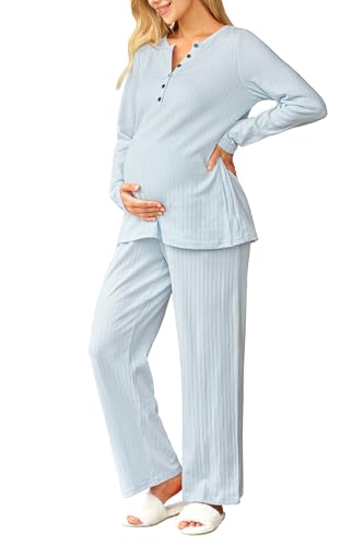 Image of OUGES 100% Cotton Womens Maternity Nursing Pajamas Sets 2 Piece Pregnancy Delivery Postpartum Lounge Pjs with Pockets