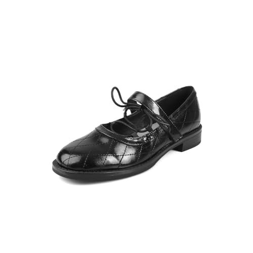 Mary Jane Flats Lace Up for Women Ankle Strap Low Heel Closed Round Toe Flats Comfortable Cute Dressy Shoes