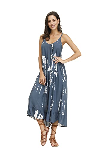 Image of BUENOS NINOS Women's V Neck Floral Maxi Dress Boho Printed Adjustable Spaghetti Strap Ethnic Beach Long Dress with Pockets