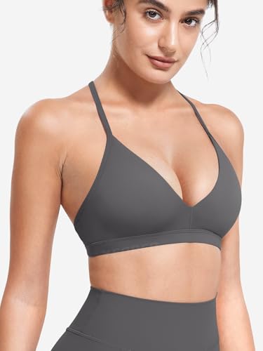 Image of YEOREO CoreFlex Sports Bras for Women Strappy Padded Halter Open Back Light Impact Deep V Neck Yoga Workout Gym Tops