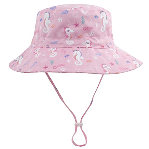 Muryobao Toddler Child Kids Baby Sun Hat UPF 50+ UV Protection Wide Brim Bucket Hats Outdoor Summer Beach Cap for Baby Girl Boy Pink Seahorse 2-6 Years