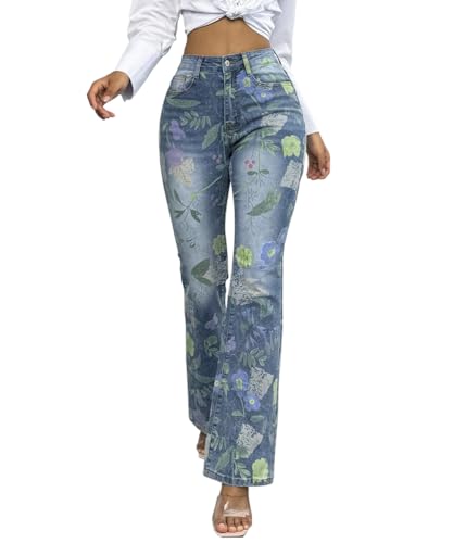 Jeans bootcut femme galbant taille haute sublimé par un imprimé floral