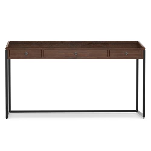 Image of SIMPLIHOME Ralston Desk - 60 Inch Wide Solid Acacia Wood and Metal Writing Desk in Distressed Charcoal Brown, Modern Industrial Home Office Computer Table with 2 Drawers and Flip-Down Keyboard Tray