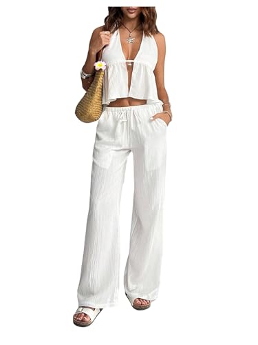 SOLY HUX Womens Summer Vacation 2 Piece Outfits Sexy Deep V Neck Halter Tops and Pants Sets Pure White Small