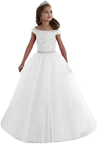 Junguan Flower Girls' Off The Shoulder Pageant Dresses Tulle Communion Dress for Wedding Party Ball Gowns 8 US White