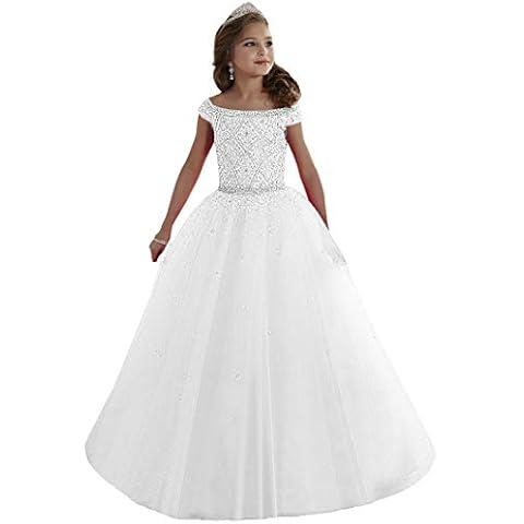 Junguan Girls' Off The Shoulder Pageant Dresses Tulle Aline Princess Prom Dress Formal Ball Gowns 16 White Cover