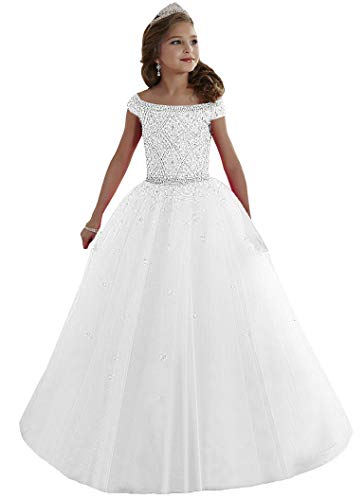 Junguan Flower Girls' Off The Shoulder Pageant Dresses Tulle Communion Dress For Wedding Party Ball Gowns 8 Us White #TOP22