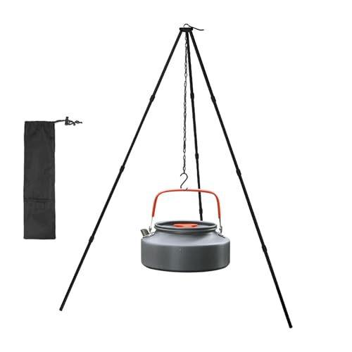 Trípode para cocinar en el fuego, trípode de camping, trípode para utensilios de cocina, para campamento plegable, soporte de fogata de aluminio, cadena de suspensión ligera y ajustable