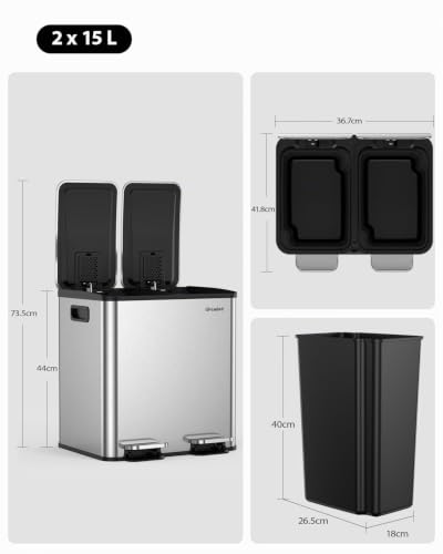 lovewind Mülleimer, 2 x 15L Mülleimer Küche, Doppeleimer für Recycling und Abfall, Silber… – Ansicht 6