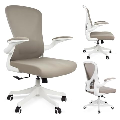 Ergonomic Mesh Office Chair with Flip-Armrest & Cushion for Lumbar Support, Mid Back Computer Chair with Thickened Cushion, Desk Chair Comfy with Wheels for Study and Work (Khaki) Cover