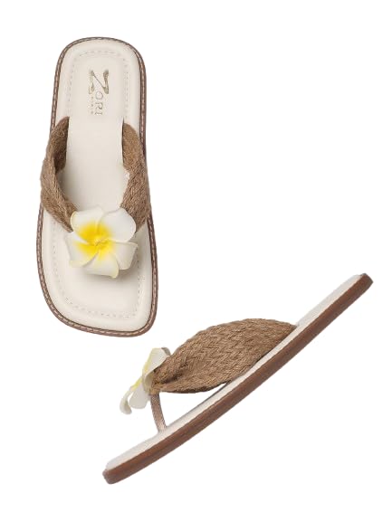 YUI White | Handcrafted Jute Thong Slides for Women | Floral Accents & Integrated Jute Work Craftsmanship | Memory Foam Cushioned Flat Summer & Beach Flats-image-9