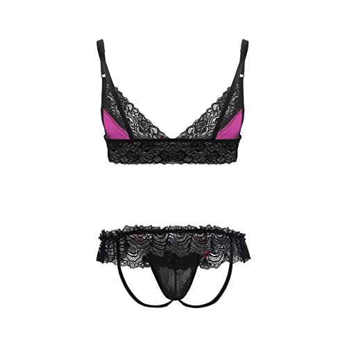 Men's Sissy Lingerie Set Satin Lace Trim Bra Tops with G-String Thong Crossdress Underwear2