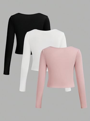 Floerns Girls 3 Piece Solid Ribbed Knit Square Neck Long Sleeve Tee Shirts Crop Tops2