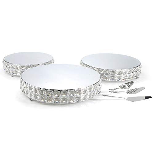 LINDLEMANN 3 Pack Shiny Crystals Cake Stands with Spatula Metal Decorative Cupcake Holder Round Dessert Display Stand for Wedding Birthday Anniversary & Party (Silver, 10