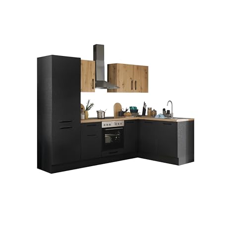 Turin L Eckküche 270 x 211 x 60 cm, schwarz - Ohne Küchengeräte - Moderne, geräumige Küche in Artisan-Eiche Optik mit viel Stauraum