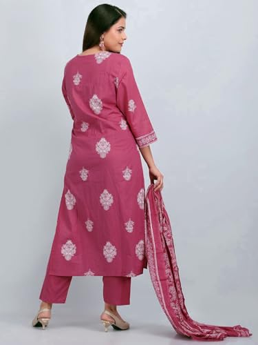 Image of PARTHVI|Women's Pure Cotton Printed with Handwork Kurta with Pants and Dupatta Set | Ethnic Set | Suit Set | Kurta Set | Wedding Suit Set