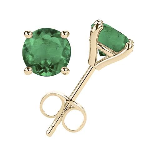 14K Gold Solitaire Genuine Natural Green Emerald Stud Earrings for
