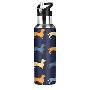 Rvs Water Fles Met Nieuwe Brede Handvat Stro Deksel Decoratieve Achtergrond Teckel Print Draagbare Thermos Cup Lek Proof Kids Water Flessen
