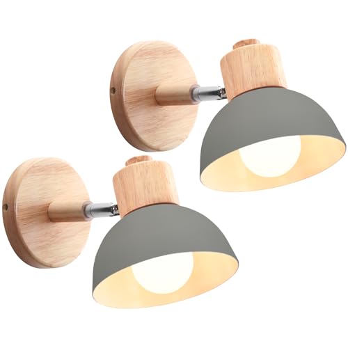 iDEGU 2 Piezas Apliques de Pared Moderno, Lámparas de Pared para Dormitorio Simple E27 Iluminación Interior Luz de Pared en Madera Hierro Ajustable Foco de Pared para Pasillo Salón Cafetería (Gris)
