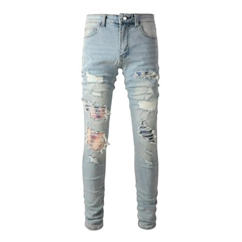 Jeans Pants Trouser Denim Trendy Street Piercing Patch Elastic Slimming Worn Hole Water Washed Blue Grinding Fading Tight Casual Small Foot for Men(Light Blue,33)