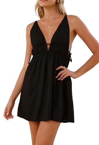Image of R.Vivimos Boho Dresses for Women 2026 Summer Sleeveless Sexy Deep V Neck Elastic Waist Sides Drawstring Tie Casual Mini Dress
