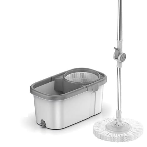 Anfiodas 回転モップ 乾湿両用 ダブルドライブ 360度回転 商業用家庭用床清掃 多機能 手洗い不要 使いやすい 水桶セット モップヘッド付き (補強ポール2セット+モップヘッド10個, 青白) (補強ポール+4 つのモップヘッド,ホワイトグレー)