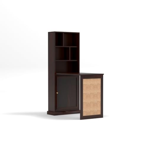 Image of Sheesham Wood Foldable Study Table with Bookshelf & Storage Cabinet | Cane Panel Writing Desk (Walnut Finish)