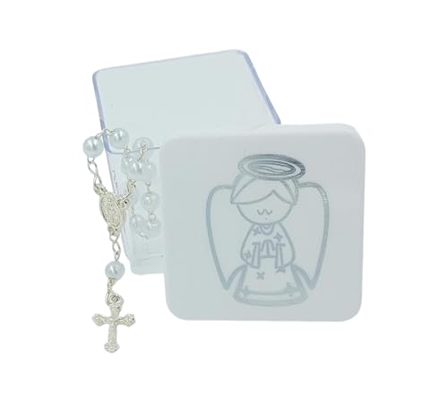 Kit Batizado 12 Caixa 4x4cm Anjo Prata 12 Mini Terço Pérolas 5mm 12 Organza 8x12cm Lembrancinhas Mim